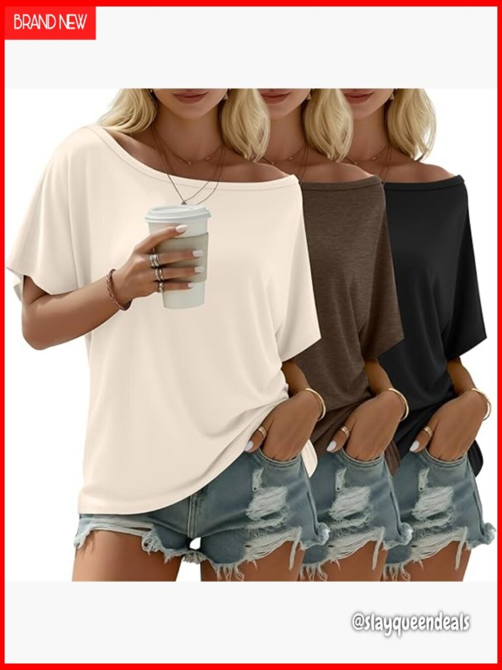 3 Pack Off Shoulder Tunic Tops, Loose Fit Bat Sleeve, Polyester Rayon Spandex